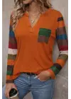 Kadın Uzun Kollu V Yakalı Cepli çok Renkli Viskon Bluz