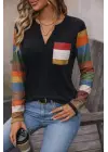 Kadın Uzun Kollu V Yakalı Cepli çok Renkli Viskon Bluz