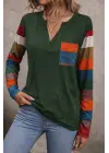 Kadın Uzun Kollu V Yakalı Cepli çok Renkli Viskon Bluz