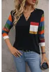Kadın Uzun Kollu V Yakalı Cepli çok Renkli Viskon Bluz