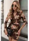 Kadın Uzun Kollu V Yakalı çiçek Desenli Dalgıç Mini Elbise