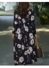 Kadın Uzun Kollu V Yakalı çiçek Desenli Maxi Süprem Elbise