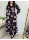 Kadın Uzun Kollu V Yakalı çiçek Desenli Maxi Süprem Elbise