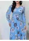 Kadın Uzun Kollu V Yakalı çiçek Desenli Maxi Süprem Elbise