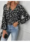 Kadın Uzun Kollu V Yakalı çiçek Desenli Modal Bluz