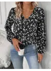 Kadın Uzun Kollu V Yakalı çiçek Desenli Modal Bluz