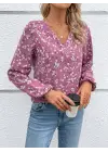 Kadın Uzun Kollu V Yakalı çiçek Desenli Modal Bluz