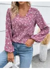 Kadın Uzun Kollu V Yakalı çiçek Desenli Modal Bluz