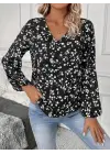 Kadın Uzun Kollu V Yakalı çiçek Desenli Modal Bluz