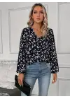 Kadın Uzun Kollu V Yakalı çiçek Desenli Modal Bluz