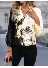 Çiçek Desenli Kadın V Yakalı Bluz