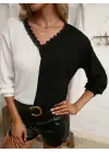 Kadın Uzun Kollu V Yakalı çift Renkli Triko Bluz