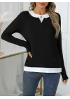 Kadın Uzun Kollu V Yakalı çift Renkli Viskon Iki Iplik Bluz