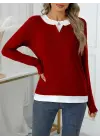 Kadın Uzun Kollu V Yakalı çift Renkli Viskon Iki Iplik Bluz