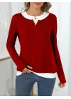 Kadın Uzun Kollu V Yakalı çift Renkli Viskon Iki Iplik Bluz