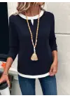 Kadın Uzun Kollu V Yakalı çift Renkli Viskon Iki Iplik Bluz