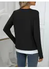 Kadın Uzun Kollu V Yakalı çift Renkli Viskon Iki Iplik Bluz