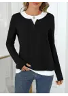 Kadın Uzun Kollu V Yakalı çift Renkli Viskon Iki Iplik Bluz