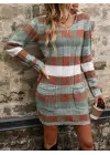 Kadın Uzun Kollu V Yakalı çizgili çok Renkli Triko Mini Elbise