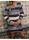 Kadın Uzun Kollu V Yakalı çizgili çok Renkli Triko Mini Elbise