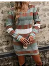 Kadın Uzun Kollu V Yakalı çizgili çok Renkli Triko Mini Elbise