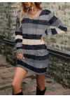 Kadın Uzun Kollu V Yakalı çizgili çok Renkli Triko Mini Elbise