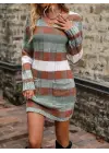 Kadın Uzun Kollu V Yakalı çizgili çok Renkli Triko Mini Elbise