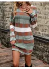 Kadın Uzun Kollu V Yakalı çizgili çok Renkli Triko Mini Elbise