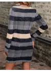 Kadın Uzun Kollu V Yakalı çizgili çok Renkli Triko Mini Elbise