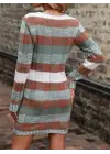 Kadın Uzun Kollu V Yakalı çizgili çok Renkli Triko Mini Elbise