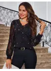 Kadın Uzun Kollu V Yakalı Dantelli Taşlı Sandy Bluz