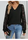 Kadın Uzun Kollu V Yakalı Dantelli Viskon Iki Iplik Bluz