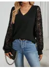 Kadın Uzun Kollu V Yakalı Dantelli Viskon Iki Iplik Bluz