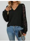 Kadın Uzun Kollu V Yakalı Dantelli Viskon Iki Iplik Bluz