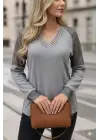 Kadın Uzun Kollu V Yakalı Dantelli Waffle Bluz