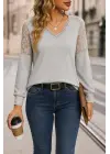 Kadın Uzun Kollu V Yakalı Dantelli Waffle Bluz