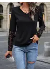Kadın Uzun Kollu V Yakalı Dantelli Waffle Bluz
