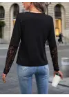Kadın Uzun Kollu V Yakalı Dantelli Waffle Bluz