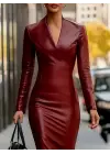 Kadın Uzun Kollu V Yakalı Deri Midi Elbise