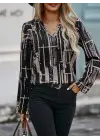 Kadın Uzun Kollu V Yakalı Desenli Dalgıç Bluz