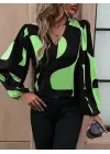 Kadın Uzun Kollu V Yakalı Desenli Modal Bluz