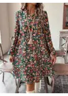 Kadın Uzun Kollu V Yakalı Desenli Modal Mini Elbise