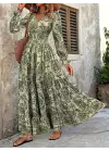 Kadın Uzun Kollu V Yakalı Desenli Süprem Elbise