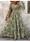 Kadın Uzun Kollu V Yakalı Desenli Süprem Elbise