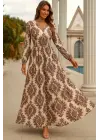 Kadın Uzun Kollu V Yakalı Desenli Süprem Elbise