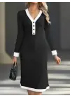 Kadın Uzun Kollu V Yakalı Düğmeli Midi Modal Elbise