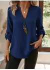 Kadın Uzun Kollu V Yakalı Ithal Krep Lacivert Bluz