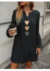 Kadın Uzun Kollu V Yakalı Kalp Desenli Mini Ithal Krep Elbise