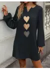 Kadın Uzun Kollu V Yakalı Kalp Desenli Mini Ithal Krep Elbise