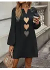 Kadın Uzun Kollu V Yakalı Kalp Desenli Mini Ithal Krep Elbise